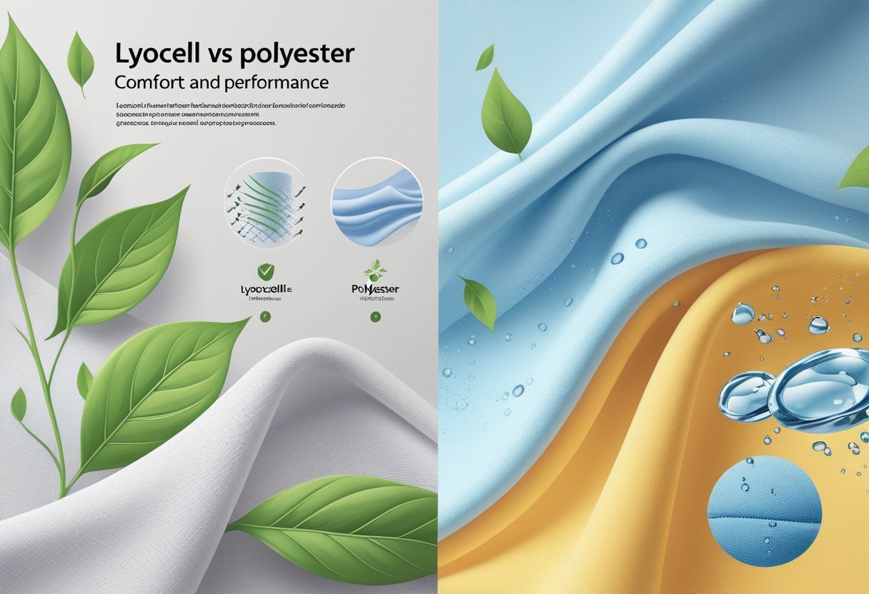 Una ilustración que muestra una comparación de lado a lado de la tela Lyocell con fibras naturales y hojas verdes en un lado, y tela de poliéster con textura sintética suave y gotas de agua en el otro lado.