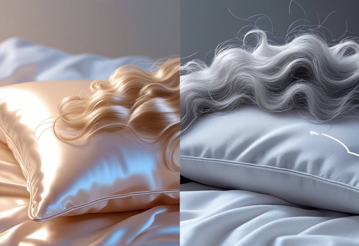 Una comparación de lado a lado del cabello que descansa sobre una funda de almohada de seda y cabello que descansa sobre una funda de almohada de algodón, que muestra el cabello liso y saludable en el lado de seda y el cabello rizado en el lado del algodón.