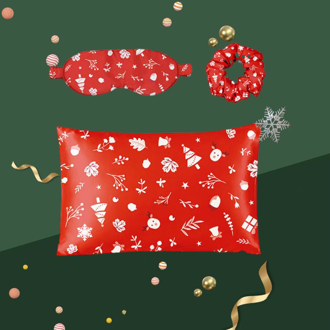 Set de regalo de seda de morera 100% con estampado navideño de 19 mm