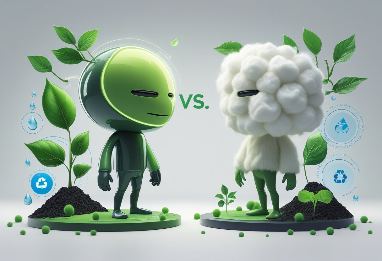 Dos personajes similares a las plantas que representan a Lyocell y algodón se enfrentan con símbolos de sostenibilidad a su alrededor, mostrando una comparación de su impacto ambiental.