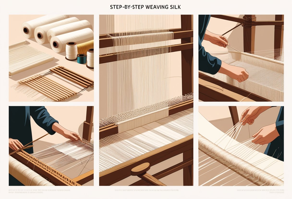 Una ilustración que muestra el proceso paso a paso de tejer seda en un telar de madera, con las manos trabajando los hilos y la tela de seda terminada.