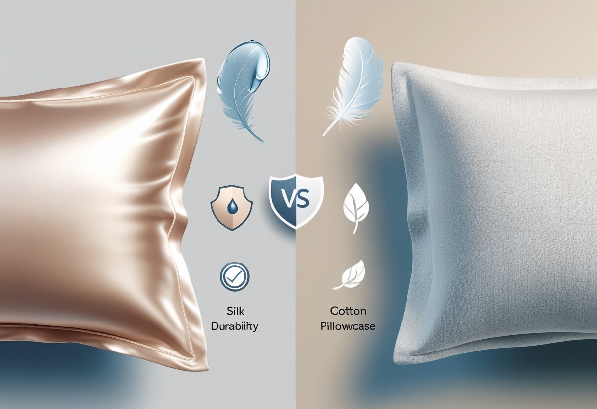 Una ilustración de lado a lado de una funda de almohada de seda con gotas de agua y una funda de algodón con textura tejida, destacando sus diferencias en la durabilidad y el cuidado.